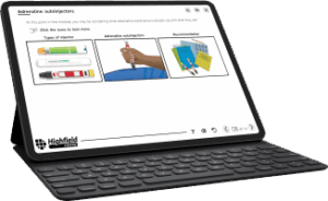 Highfield online training Anaphylaxis and Autoinjectors course. Image of a laptop computer screen with an information page of allergens and allergies.