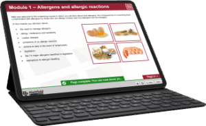 Highfield online training Introduction to Allergens course. Image of a laptop computer screen with an information page of allergens and allergies.