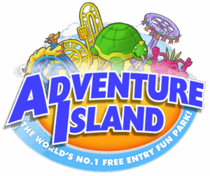 Adventure Island logo with colourful cartoon rides, a turtle, and tagline "The world's No.1 free entry fun park!" displayed below the bold text.