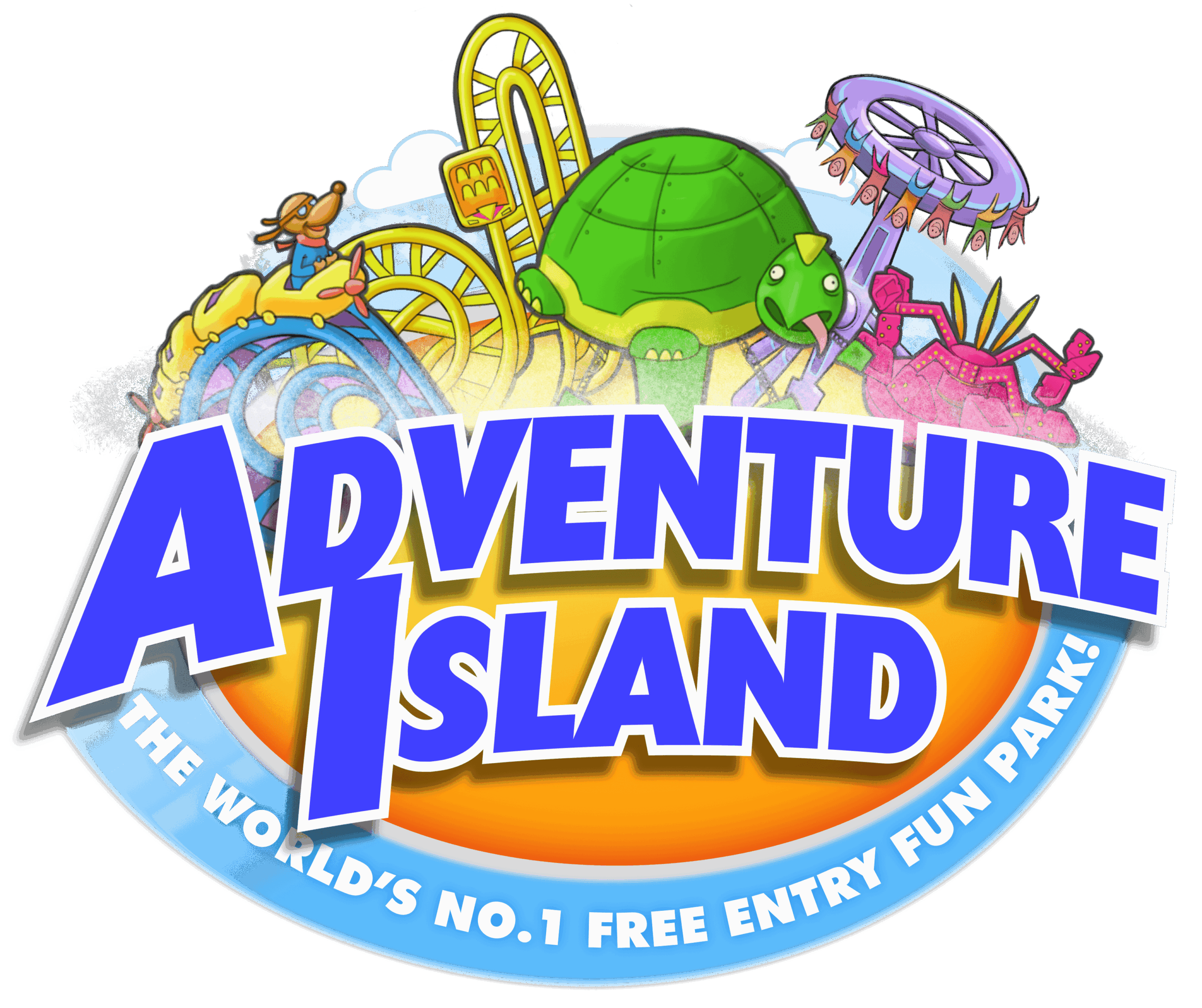 Adventure Island logo with colourful cartoon rides, a turtle, and tagline "The world's No.1 free entry fun park!" displayed below the bold text.