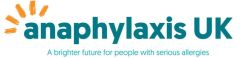 Anaphylaxis UK logo featuring a stylized design with the organization's name prominently displayed. The text "A brighter future for people with serious allergies" is along the bottom.