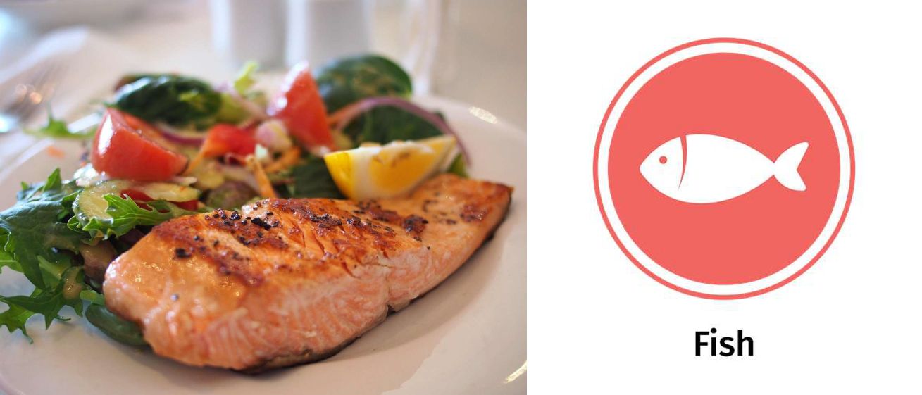 The 14 Allergens: Images of fish and the fish allergy icon.