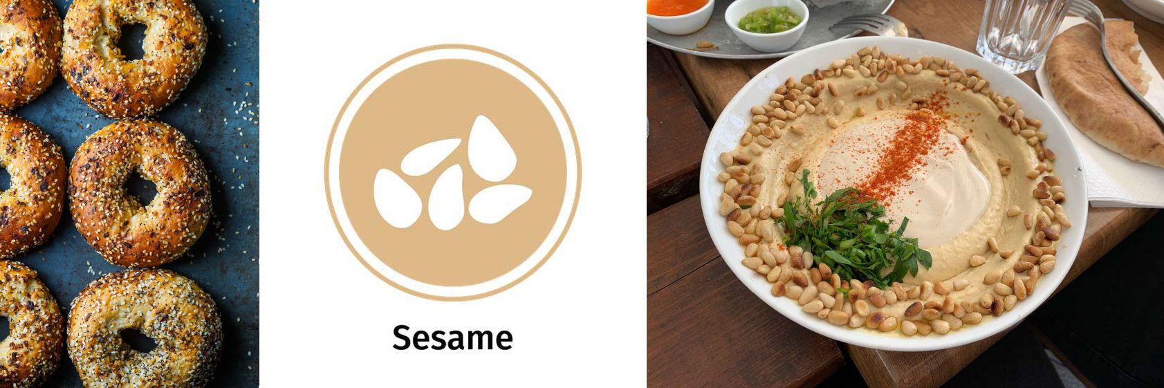 The 14 Allergens: Images of sesame-seeded buns and hummus, and the sesame allergy icon.