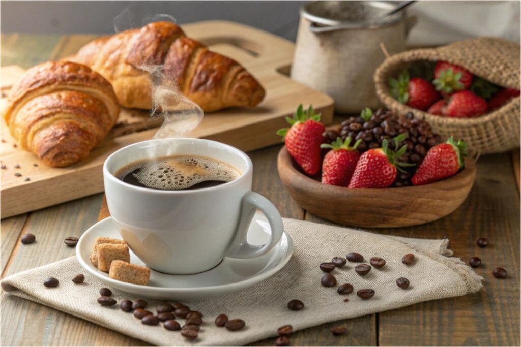 A breakfast laid out, consisting of black coffee, strawberries, chocolate chips and croissants.