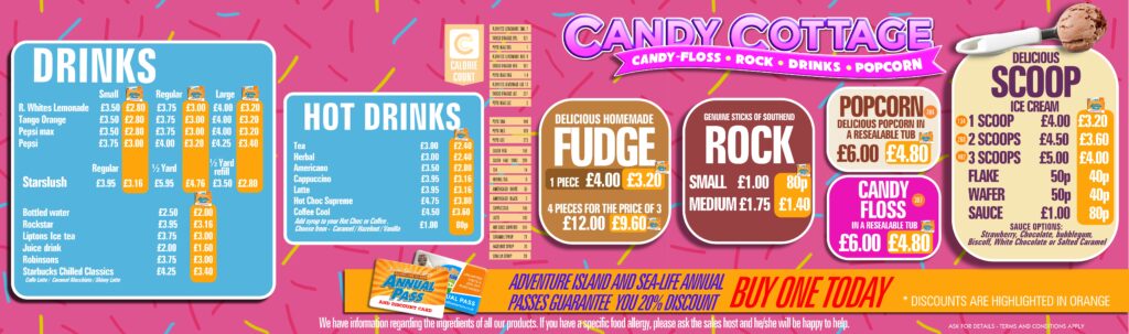 Candy Cottage and Candy Shack menu card